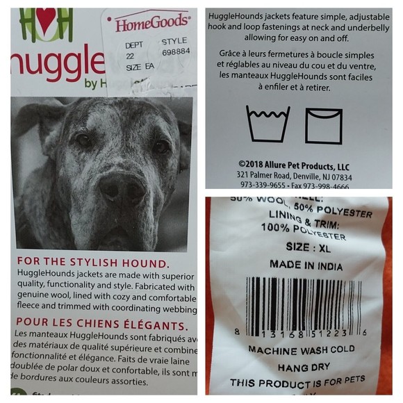 HuggleHounds Pink Orange Plaid Fleece Dog Jacket XL Wool Blend NWT Length 26" - Picture 5 of 8